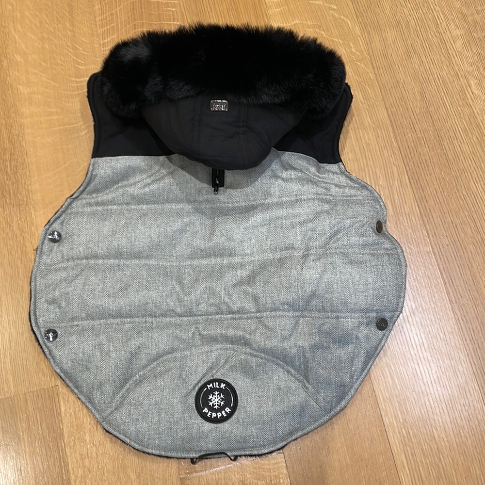 Luxurious Milk & Pepper dog coat with a faux fur lined hood